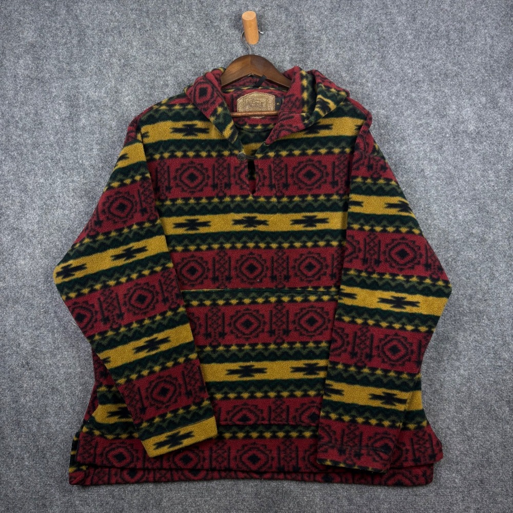 Woolrich Fleece Hoodie Mens XL Red Aztec Southwestern Pullover Made in USA 0722